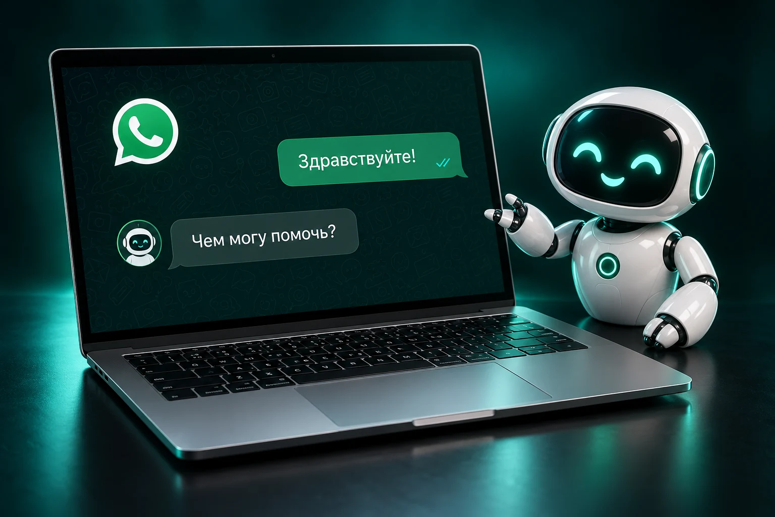 Ноутбук с примером переписки в WhatsApp и белый ИИ-робот рядом